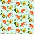 Vector pattern with cut avocado halves, parsley leaves and shrimp